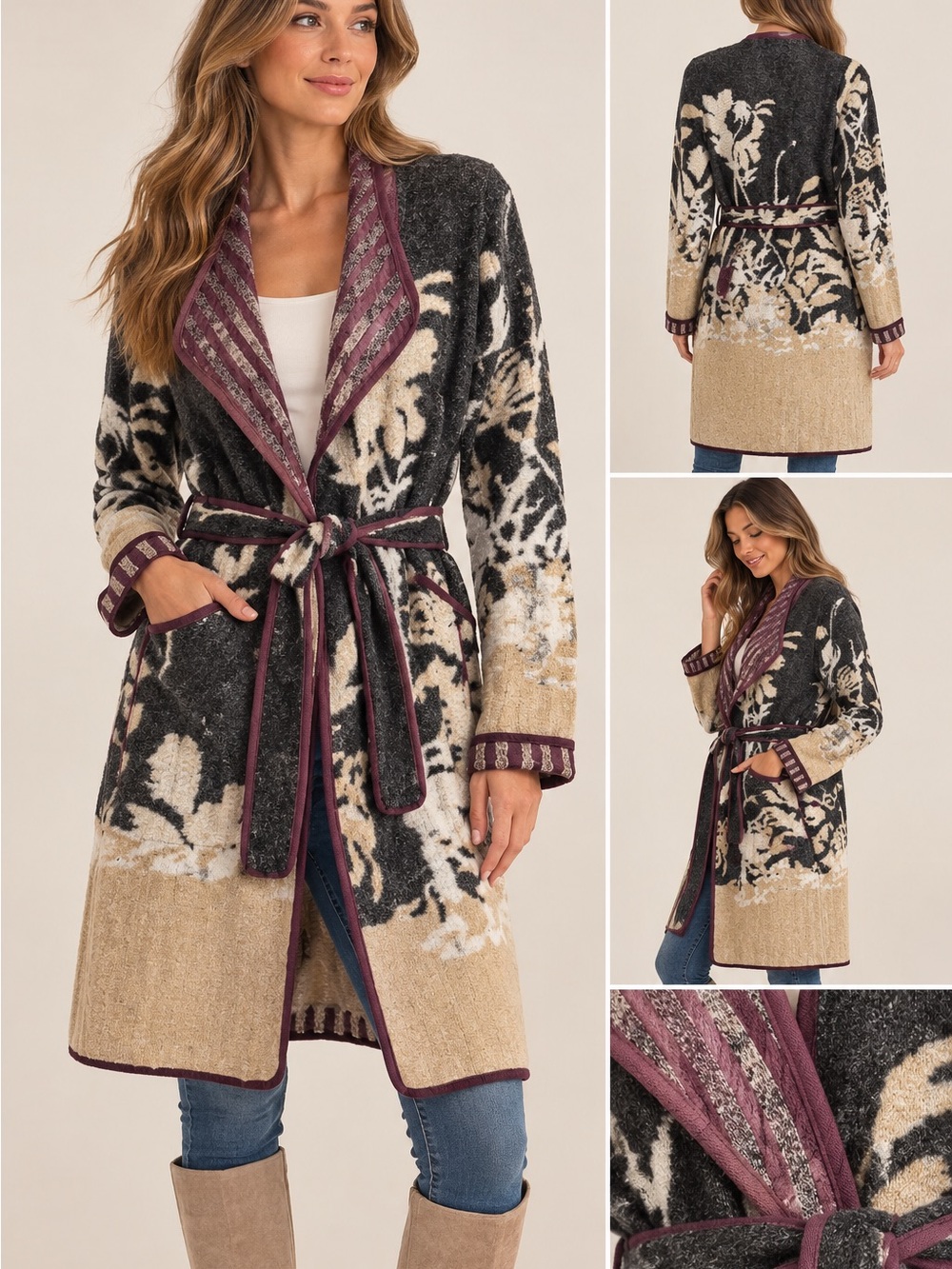 Women's Floral Wrap Cardigan in Black, Cream & Burgundy Trim